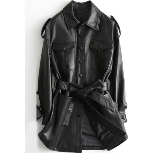 Fad New Spring Autumn Genuine Leather Vintage Streetwear Trench Coat Women Fashion Real Leather Female Jackets A039