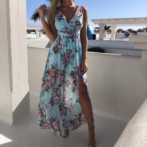 Summer Boho Floral Print Women Dress 2020 New V Neck High Split Dress Ladies Maxi Dress Sleeveless Party Dress Beach Sundresses