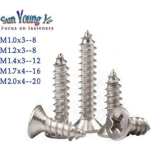 100pcs stainless steel philips csk head self tapping minis screw M1.0 M1.2 M1.4 M1.7 M2 SUS304 cross drive flat head micro screw