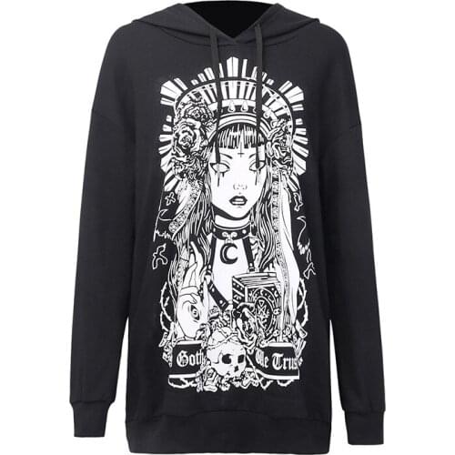 2021 Harajuku Gothic Punk Sweatshirt Women Witch Print Bf Loose Hooded Pullover Mall Black Goth Streetwear Top Tees