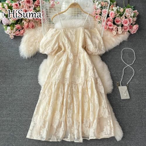2021 summer new women sling slash neck beading puff sleeve Jacquard A-line dress female strap Chic elegant waist party dresses