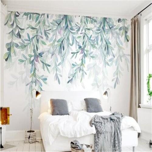 Custom 3d photo European background wall painting murals, fresh green leaves watercolor style wallpaper mural for bedding room