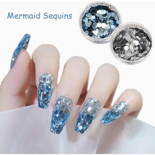 1Box Sea-Blue Sequins for Nail Art Decoration, Silver 1-3mm Mixed Size Hexagon Glitter Flakes for Acrylic Nails Accessories#PT03