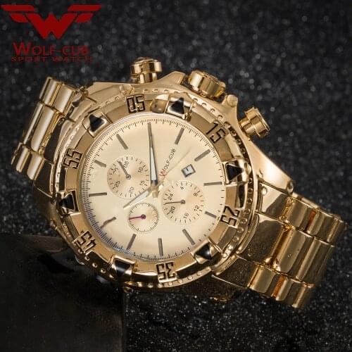 JAPAN Movement WOLF-CUB Fashion Watches Mens Luxury Brand Quartz Watch Masculino Wristwatch Taste mens large dial gold watch