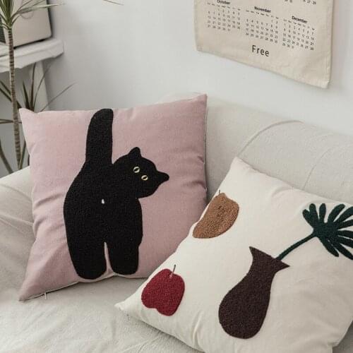 Korean Pillow Case Cute 3D Decorative Pillowcase Cat Floral Geometric Embroidery Pillow Case for Home Hotel Office Decor 45*45cm