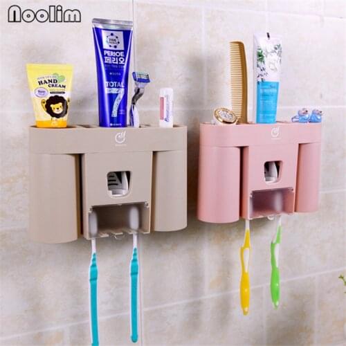NOOLIM Toothbrush Holder With Cup Automatic Dispenser Storage Toothpaste Racket Squeezer Bathroom Accessories Set Lover Gift