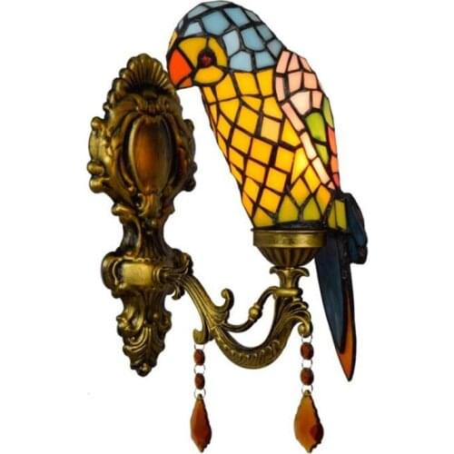 European Retro Wall Lamp for Foyer Bed Room Aisle Balcony American Pastoral Parrot Bird Stained Glass Front Wall Light 1195