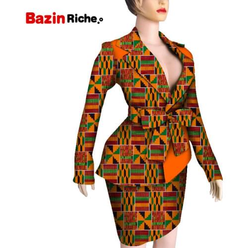 Two Pieces Set Ankara Blazer Tops Skirt Women African Print Long Sleeve Blazer and Knee-length Skirt Set WY5401