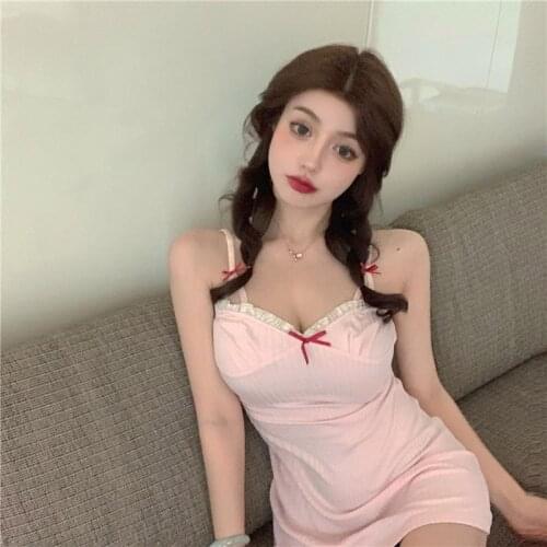 Korea Sweet Girl Summer Sexy Sling Dress Bar Club Bunny Girl Pink Bow Slim Lace Mini Dress Harajuku Cute Maid Dress For Women