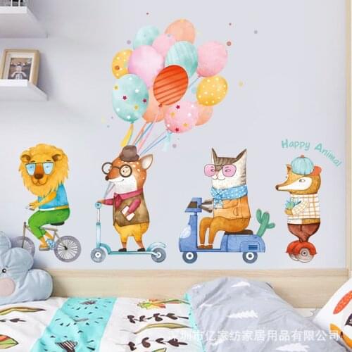 Cartoon Animal Cycling Colorful Balloon Wall Sticker for Childrens Room Kindergarten Staircase Wall Decoration Christmas Gift