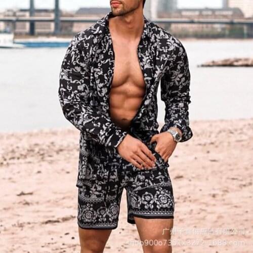 2021 Summer New Mens Suit Clothing Long-sleeved Printed Shirts Shorts 2 Piece Fashion Male Casual Beach Wear Loose Clothes