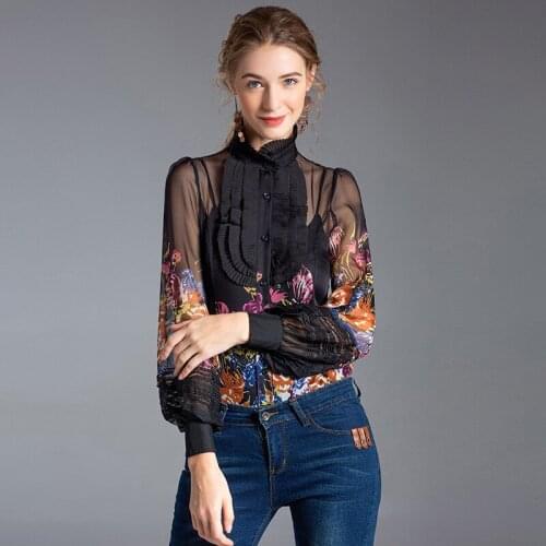 2019 spring new womens slim chiffon shirt Lantern Sleeve Chiffon shirt high end one-piece shirt