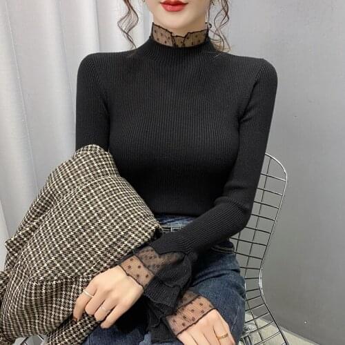 2021 Autumn Winter Half Turtleneck Women Pullover Jumpers Knitted Female Lace Patchwork Slim Elastic Basic Knitwear Ropa Mujer