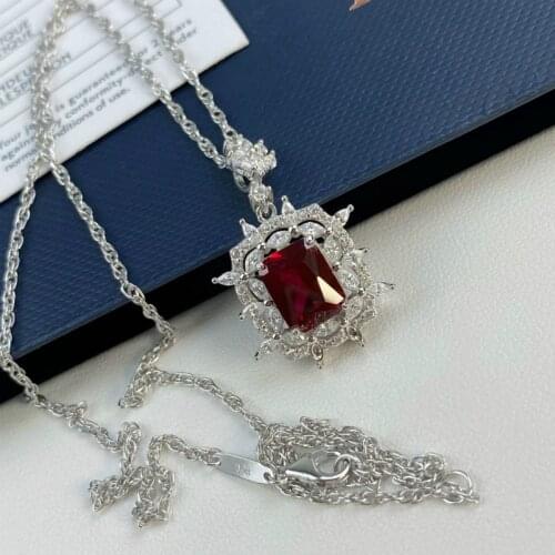 Luxury 925 Sterling Silver Simulated Moissanite Ruby Pendent Necklace Square High Quality Jewelry Chain Accessories Wholesale