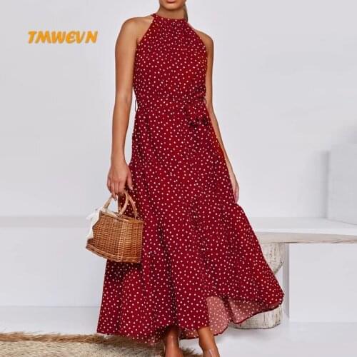 Sexy Polka Dot Dress Neck Sleeveless Summer Dress Long A-line Dress Ladies Formal