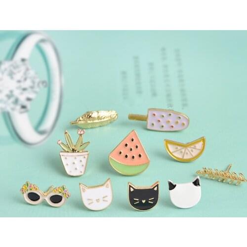 Cute Fruit Cat Sunglass Leaf Orange Pot Ice cream Watermelon Metal Enamel Brooch Pins Fashion Jewelry Wholesale