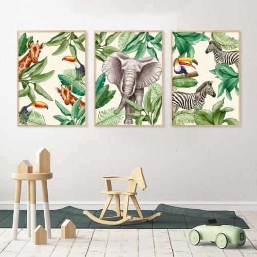 Green Leaves Animal Elephant Modern Nursery Posters Canvas Painting Wall Art Print Picture for Kids Room Bedroom Home Decoration