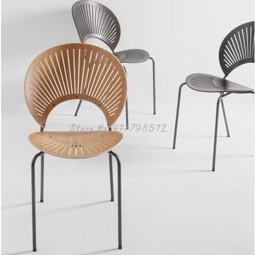 Medieval chair Danish solid wood dining chair single simple living room wooden backrest metal foot makeup chair shell chair