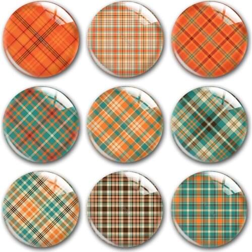 Handmade Buffalo Plaid Orange Fall Autumn Round Photo Glass Cabochons Demo Flat Back DIY Jewelry Making Findings Accessory