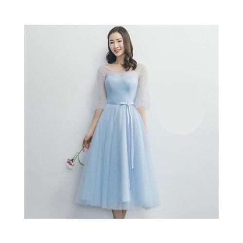 2019 Wedding Party Dress Half Sleeve Lace Up Pink Bridesmaid Dress Light Blue Gray Tulle Bridesmaid Dresses SW1969