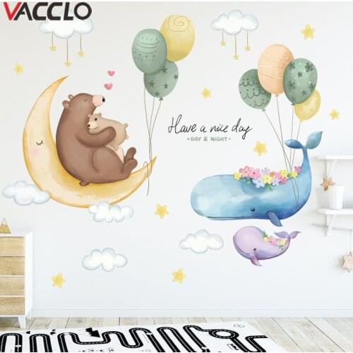 Vacclo Moon Bear Starry Sky Painting Whale Hot Air Balloon Self-adhesive Wall Paper Cartoon Kids Room Decoration Wall Stickers