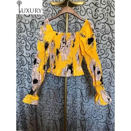 Fashion Crop 2020 Summer Yellow Red Blouses Women Square Collar Chic Print Flare Sleeve Casual Sexy Tops Shirts Ladies