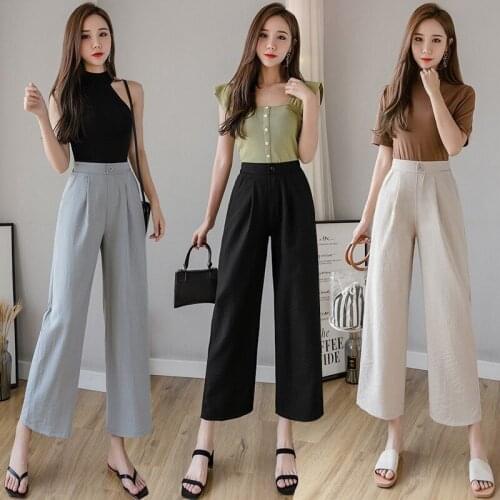 Womens Wide leg Pants Capris Loose High Waist Solid Pants Casual Pants Long Trouser Femme korean style Straight pants cotton