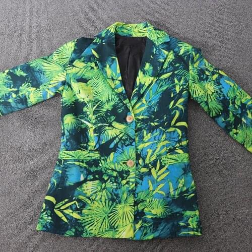 Baroque Holiday Green Plant Leaf Print Casual Blazer Top Long Sleeve Button Slim Women Red Top Coat Jacket Brand New Clothes