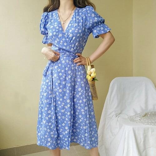 Women V Neck Ties Waist Floral Front Wrap Dress With Ruff Sleeve