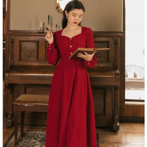 Spring Autumn Women Long Midi Red Dress Vintage Elegant Long Sleeve Large Size Lady Party Night Dinner Bow Dress Robe Vestidos