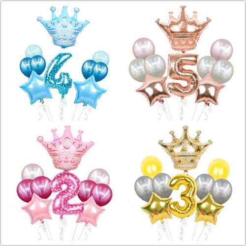 1set 32inch Blue Pink Foil Number Balloon with Crown Wedding Anniversary Party Latex Helium Globos Kids Birthday Air Ball Supply