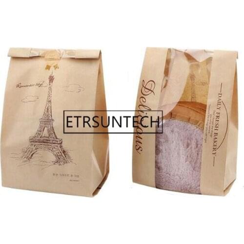1000pcs 33x16x11cm Kraft Bag Window Baking Packaging Toast Cookies Food Bread Paper Bags Printed Package Bakery Iron Tower