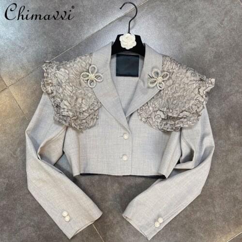 2021 Fall Womens Clothing Fashion Polo Collar Long Sleeve Rhinestone Flower Pin Coat Feminine Mesh Shawl Design Suit Jacket