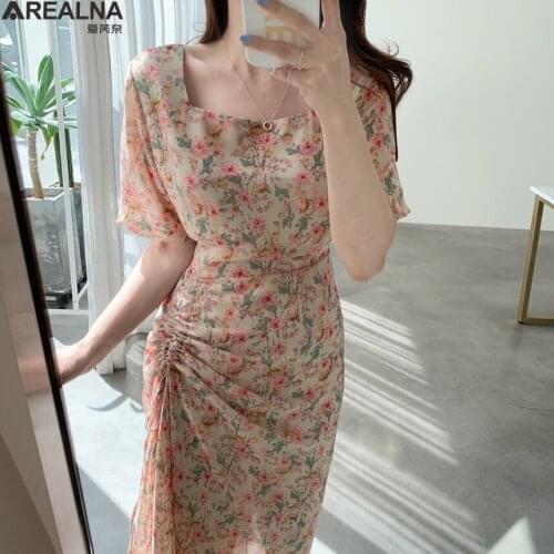 2021 new Floral short sleeve Sweet ruched Dress Women Korean Fashion Elegant Lacing up Drawstring Midi Party Dresses vestidos