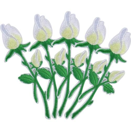 5PCS White Rose Flower Patches Embroidery Applique Iron on Patches for Clothing Sew on Fabric Badge DIY Apparel Accessories