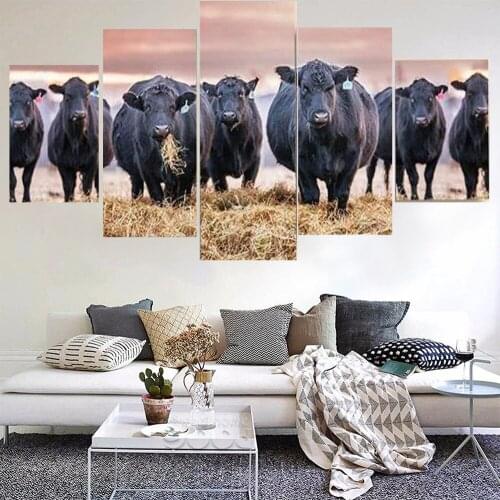 5 Pieces Wall Art Canvas Painting Animal Poster Black Cow Eating Grass Modern Home Decoration Living Room Modular Pictures