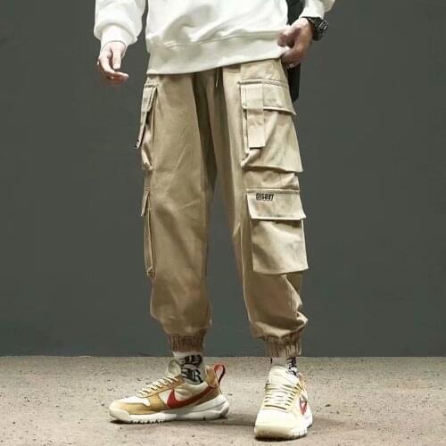 Mens Streetwear Pants Khaki Ribbons Hip Hop 2021 Casual Hip Hop Trousers Multi pockets Joggers