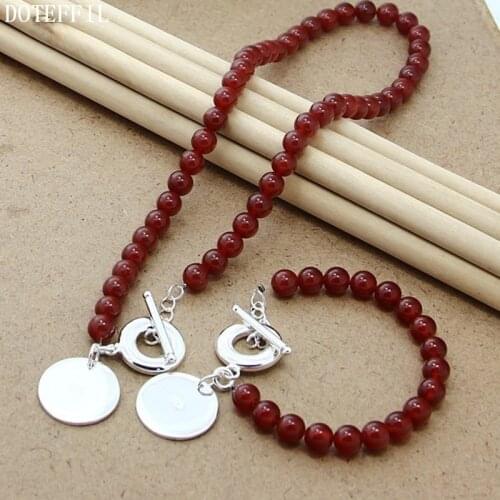 DOTEFFIL 8mm Red Agate Beaded Chain 925 Sterling Silver Round Pendant Necklace Bracelet Set For Women Wedding Jewelry