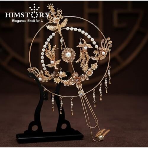 HIMSTORY Romantic Chinese Bridal Fan Handmade Round Hollow-out Gold Flying Phoenix Wedding Bouquet Girls Holder Fan