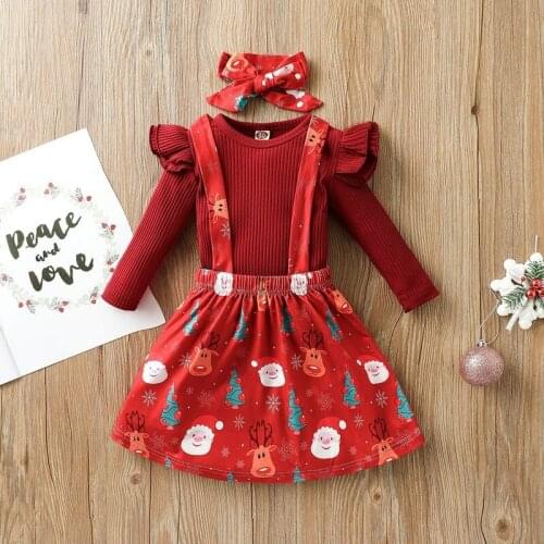 Baby Girls' Set Long Sleeve Pit Stripe T-Shirt + Suspender Skirt + Headband 3PCS Kids Children Christmas Costume
