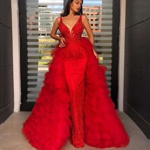 Red Detachable Train Mermaid Evening Dresses V Neck Lace Appliques Tier Tulle Overskirt Formal Evening Gowns