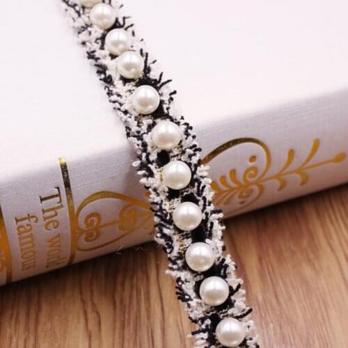 Polyester Lace Trim Acrylic Imitation Pearl Beaded Lace Ribbon DIY Fabric Hometextile Clothes Embellishment 15mm About 0.9m 1 PC