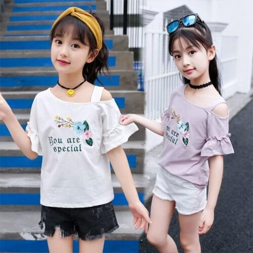 Girls Summer Short Sleeve Trumpet Sleeve T - Shirt Embroidered Flowers Loose Cotton T-shirt