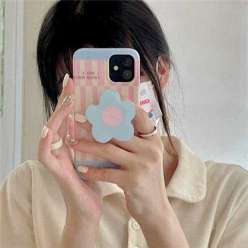 Cute INS Korean Blue Flowers Bracket Phone Case for Iphone 7 8 Puls X XR XS 11 12 Pro Max Lovely Soft IMD TPU Back Cover Fundas