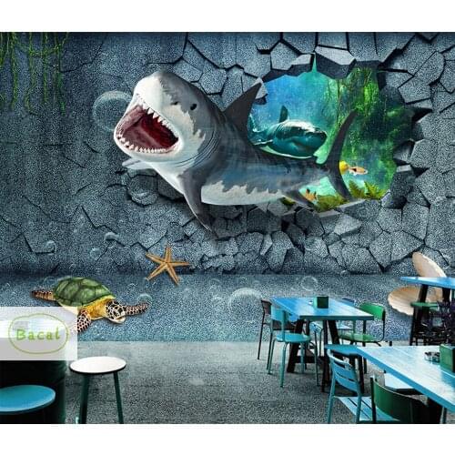 Bacal Custom Photo Mural 3D Non-woven Broken wall Wallpaper Underwater World Fish Shark Children Room Living Room Wall Decor