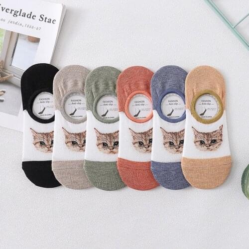 Socks womens 3 pairs Cotton cartoon cat cute no-show Womens short ankle fashion silicone non-slip Invisible socks woman