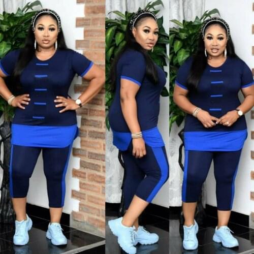New Summer 2021 Casual Sports Suit Large Womens Two Piece Suit African Clothing Short-Sleeved T-Shirt Nine-Cent Leggings Pants