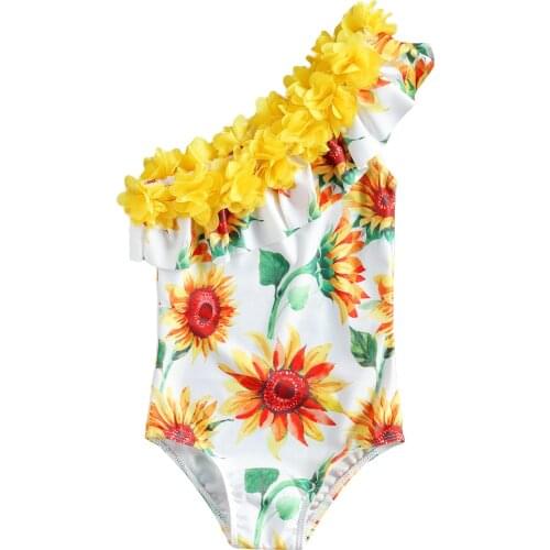 New Kids Swimsuit Childrens Flower Sunflower Watermelon Pineapple Printing Oblique Shoulder Ruffled Collar Swimming Romper
