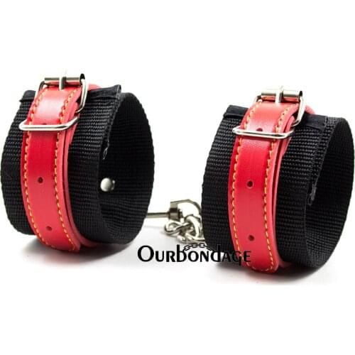 Ourbondage Black Nylon Red Strap PU Leather Fetish Bondage Flirting Wrist Ankle Cuffs With Hook For Adult Sex Toy