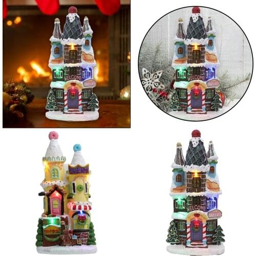 Christmas Snow House Resin Luminous Village Figurines LED Miniature Cottage Hut Landscape Christmas Holiday Decoration